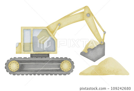 Excavator Watercolor illustration. Hand drawn clip art of Digger on isolated background. Baby toy backhoe sketch. Loader drawing for prints on a boys t-shirt. Painting of truck car for construction. 109242680