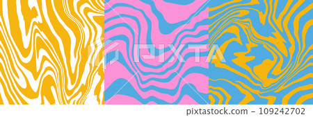 Set of colorful psychedelic square patterns with abstract organic striped shapes. Trendy retro duotone backgrounds in 90s, 00s style. Flat vector Set of colorful psychedelic square patterns with abstract organic striped shapes. Trendy retro duotone backgrounds in 90s, 00s style. Flat vector 109242702