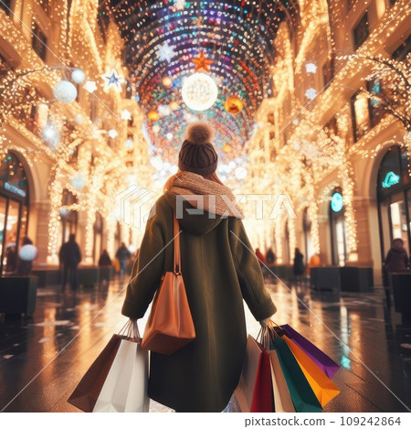 woman walking with shopping bags with christmas background woman walking with shopping bags with christmas background 109242864