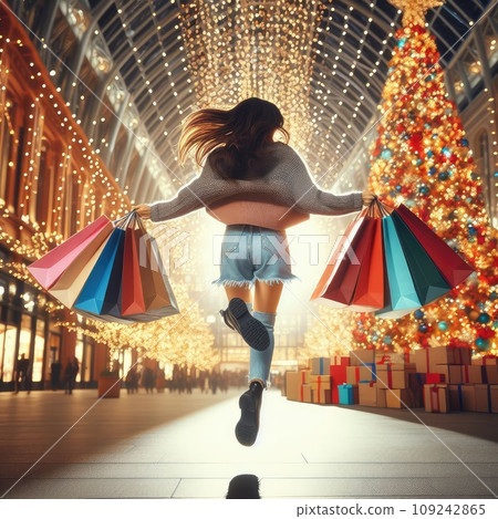 woman walking with shopping bags with christmas background woman walking with shopping bags with christmas background 109242865