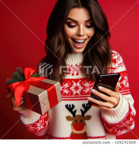 Photo of funny sweet young lady dressed print pullover buying christmas gifts typing modern gadget 109242889