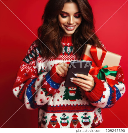 Photo of funny sweet young lady dressed print pullover buying christmas gifts typing modern gadget Photo of funny sweet young lady dressed print pullover buying christmas gifts typing modern gadget 109242890