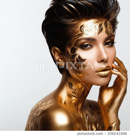 portrait of girl with golden bodyart on gray 109242896