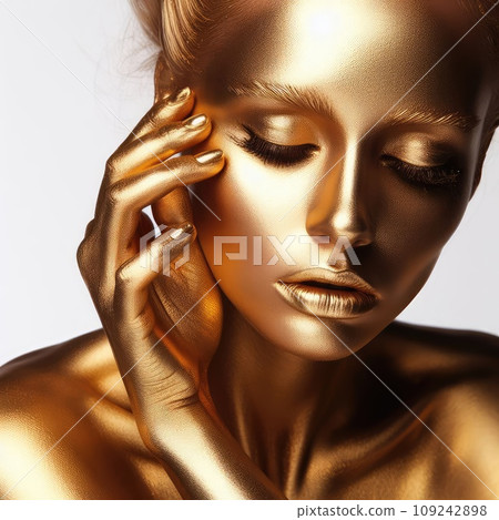 portrait of girl with golden bodyart on gray 109242898