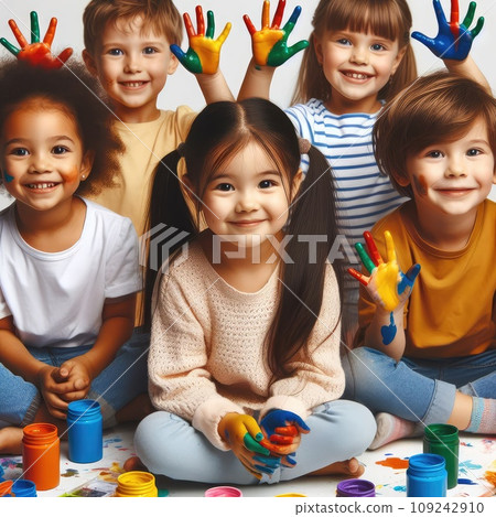 Cute smiling little children with hands in different colors paint playing together on white background 109242910