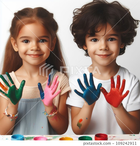 Cute smiling little children with hands in different colors paint playing together on white background 109242911