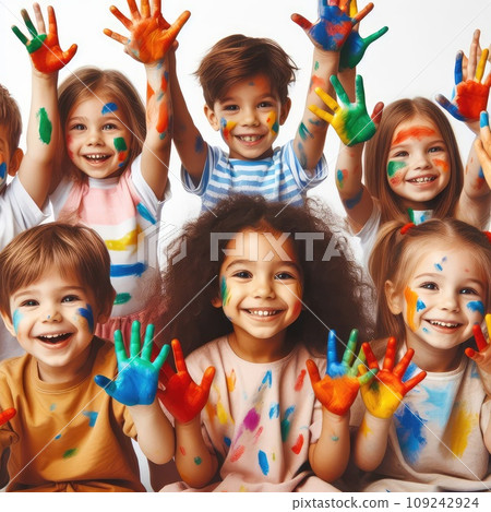 Cute smiling little children with hands in different colors paint playing together on white background 109242924
