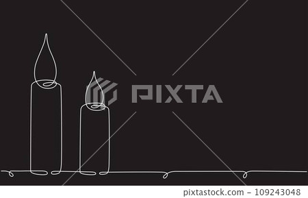 Christmas candles with burning flame. One continuous single line hand drawing art. Vector stock illustration isolated on black background for design template greeting card, invitation. Editable stroke 109243048