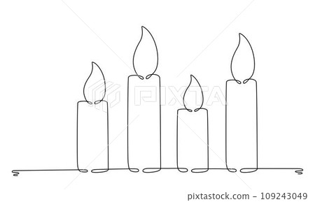 Christmas candles with burning flame. One continuous single line hand drawing art. Vector stock illustration isolated on white background for design template greeting card, invitation. Editable stroke 109243049