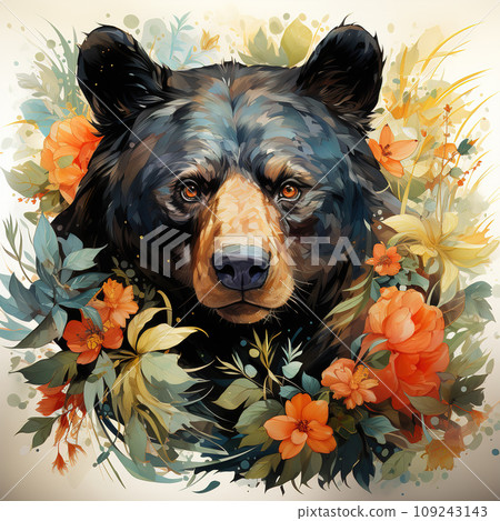 Image of black bear head with colorful tropical flowers. Wildlife Animals., Mammals. 109243143