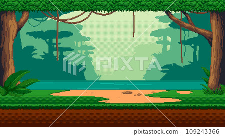 Pixel art seamless landscape with tropical forest, lake and hanging liana vines. 8-bit retro video game style jungle background. 109243366