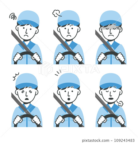A set of men in work clothes while driving with various expressions 109243483