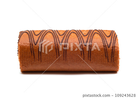 Sponge roll isolated on white background. Roll with chocolate cream Sponge roll isolated on white background. Roll with chocolate cream 109243628