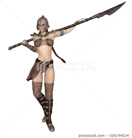 Female Fantasy Barbarian Hunter Standing with Spear 109244024