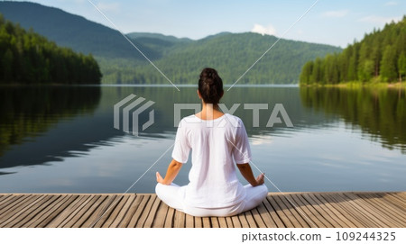 Tranquil woman meditates sitting in lotus pose on pier by calm river on autumn day 109244325
