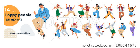 Happy jumping people. Celebrating people. Men and women happy jumping celebrating event or ceremony. Jump person character. Young students dance. Fun friends. Enjoying life. Friendship success victory Happy jumping people. Celebrating people. Men and women happy jumping celebrating event or ceremony. Jump person character. Young students dance. Fun friends. Enjoying life. Friendship success victory 109244673
