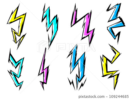 Set of cartoon lightnings. Grunge graffiti stylized image of natural phenomenon. 109244685