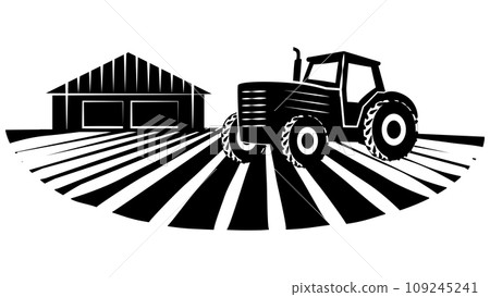 Set of silhouette scenes from farm life with fields, barns and machinery isolated on white background. Rural clipart. Set of silhouette scenes from farm life with fields, barns and machinery isolated on white background. Rural clipart. 109245241