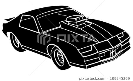 Silhouette of isometric muscle car for drag racing with large racing carburetor on the hood isolated on white. Clipart. 109245269
