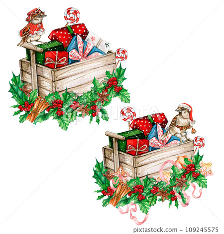 Christmas gifts in the wooden cart. Watercolor hand drawn illustration for invitations, greeting cards, prints, packaging and more. Merry Christmas and happy new year. 109245575