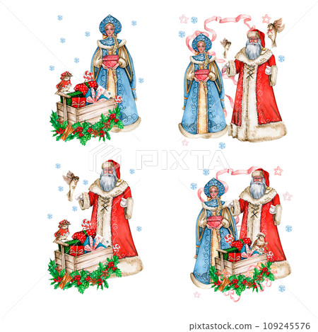 Watercolor illustration of Santa Claus ,Snow maiden and cart with Christmas gifts. Greeting New Year's card, Santa Claus with long white beard.Santa in red coat with white ornament. Handmade painting. Watercolor illustration of Santa Claus ,Snow maiden and cart with Christmas gifts. Greeting New Year's card, Santa Claus with long white beard.Santa in red coat with white ornament. Handmade painting. 109245576