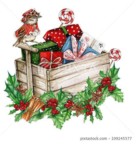 Christmas gifts in the wooden cart. Watercolor hand drawn illustration for invitations, greeting cards, prints, packaging and more. Merry Christmas and happy new year. 109245577