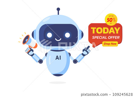 AI robot holds megaphone to communicate a discount promotion to customers,banner for promote sale and offer.TODAY SPECIAL OFFER.Artificial Intelligence for marketing concept,Vector illustration. 109245628