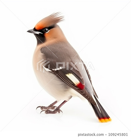 Waxwing Bombycilla garrulus, beautiful wild songbird bird, portrait, isolated on white close up Waxwing Bombycilla garrulus, beautiful wild songbird bird, portrait, isolated on white close up 109245801