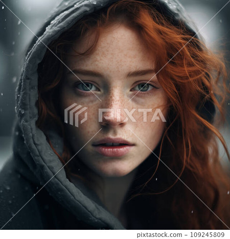 A large portrait of a beautiful red-haired woman with long hair. A large portrait of a beautiful red-haired woman with long hair. 109245809