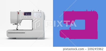 Concept atelier, fashion studio, fashion designer, tailor white sewing machine front view 3d render on white with alpha 109245962