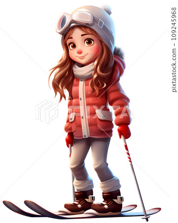 Cute Skiing Girl Dressed in Winter Clothes Cartoon Character 109245968