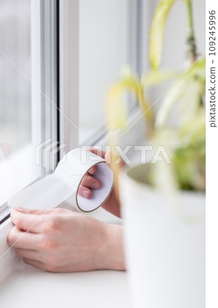 Man putting draught excluder tape on window, protection of home plant on the windowsill from the draft. 109245996
