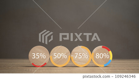 concept of progress in work. Number displayed as a percentage on the wooden ball. work progress Development of corporate business. success strategy progressive marketing. business management. concept of progress in work. Number displayed as a percentage on the wooden ball. work progress Development of corporate business. success strategy progressive marketing. business management. 109246346