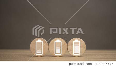 Battery icons energy level indicator on the table. Energy storage concept. The level of power to do activity on the day. Technology charger battery. 109246347