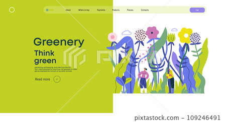 Greenery, ecology -modern flat vector concept illustration of tiny people in the grass, surrounded by plants and flowers. Metaphor of environmental sustainability and protection, closeness to nature Greenery, ecology -modern flat vector concept illustration of tiny people in the grass, surrounded by plants and flowers. Metaphor of environmental sustainability and protection, closeness to nature 109246491