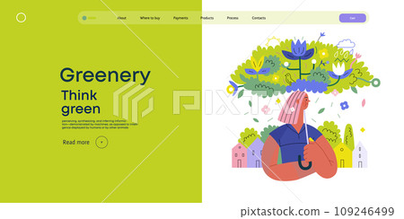 Greenery, ecology -modern flat vector concept illustration of a woman under the green lush umbrella of plants and flowers. Metaphor of environmental sustainability and protection, closeness to nature 109246499
