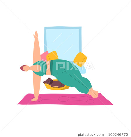 Cartoon Color Character Woman Home Yoga Position Balance Concept Flat Design Style. Vector illustration of Practice 109246770