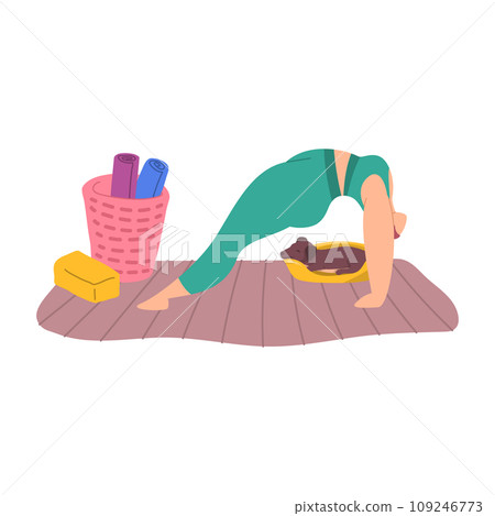 Cartoon Color Character Woman Home Yoga Position Purvottanasana Concept Flat Design Style. Vector illustration of Practice 109246773