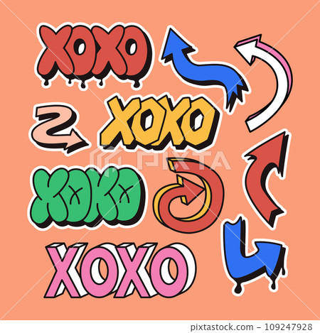 Vintage 90s style sticker set with word XOXO 109247928