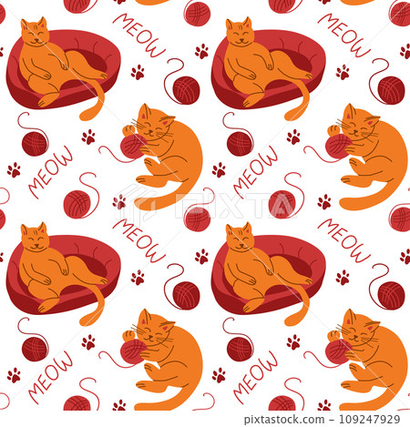Sleepy lying cat with balls of wool vector pattern 109247929