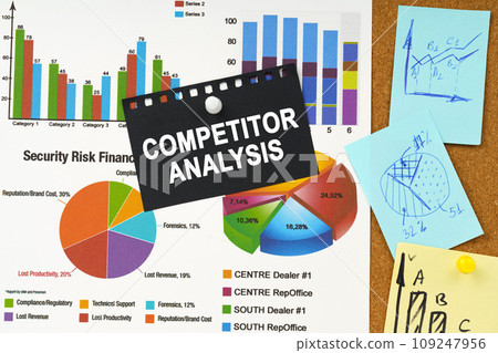 There are business charts, sticky notes and black paper with the inscription on the board - Competitor Analysis 109247956