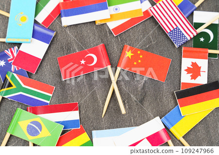 The concept is diplomacy. In the middle among the various flags are two flags - China, Turkey 109247966