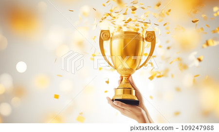 Hand of businesswoman rise and holding a golden trophy by Generative AI 109247988