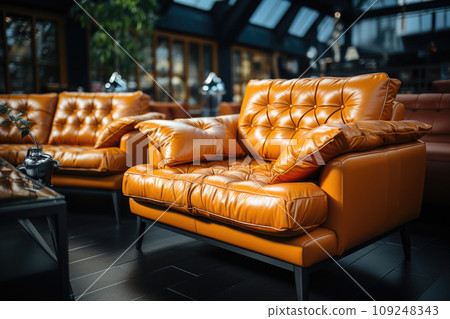Stylish brown leather sofa in apartment. Generative AI Stylish brown leather sofa in apartment. Generative AI 109248343