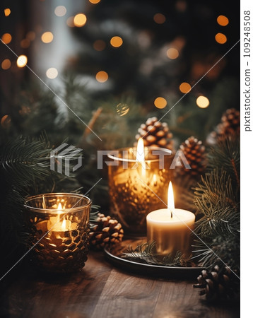 Cozy winter home decor arrangement with burning candles, holiday room interior decorations in black and gold colors 109248508