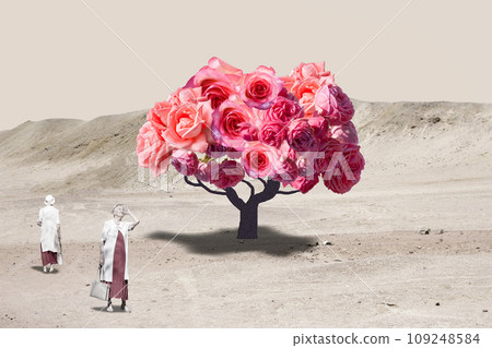 Creative colorful design. Modern art collage. Senior woman walking near beautiful blooming tree with roses. Spring mood. Concept of holiday, women's day Creative colorful design. Modern art collage. Senior woman walking near beautiful blooming tree with roses. Spring mood. Concept of holiday, women's day 109248584
