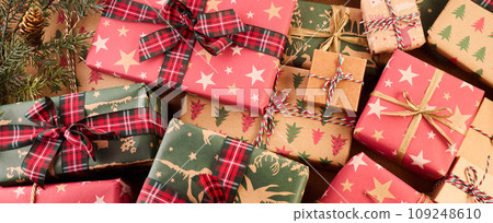 Boxing Day Concept. Different kinds of gift boxes on wooden background 109248610