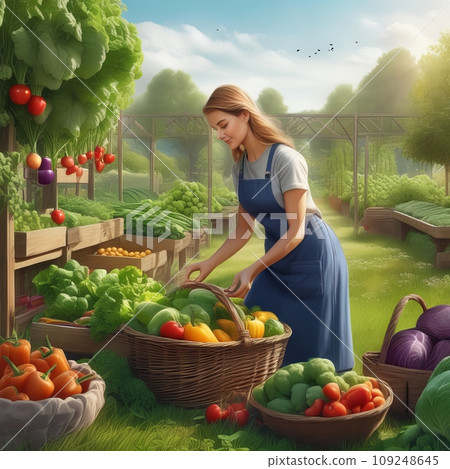 Adult pretty woman picking vegetables from garden 109248645