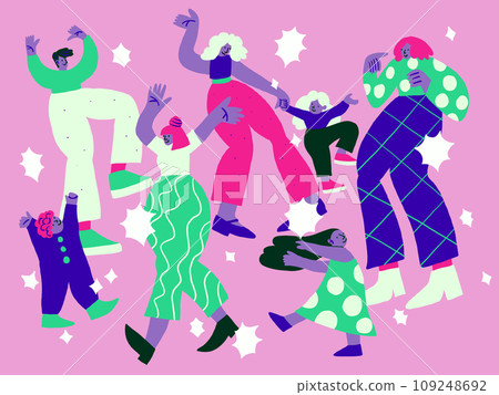Vector illustration with dancing people with stars on violet background. Dancing people doodles. Happy family, party people. Vector illustration Vector illustration with dancing people with stars on violet background. Dancing people doodles. Happy family, party people. Vector illustration 109248692