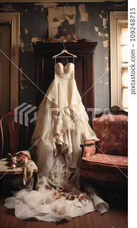 Wedding dress hangs on a hanger in the hotel interior 109248715